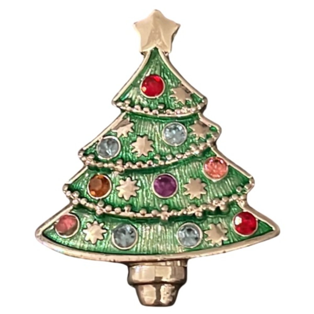 Vintage Silver Plated Enamel Crystal Rhinestone Christmas Tree Brooch